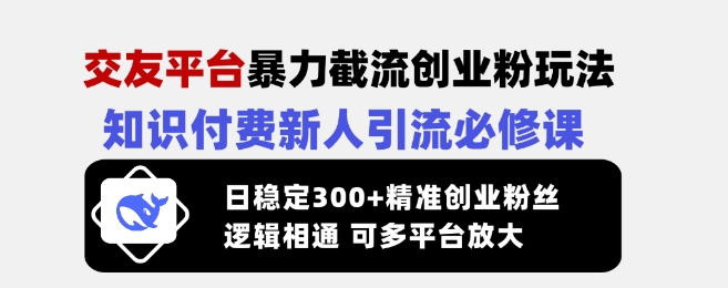 交友平台暴力截流创业粉玩法，知识付费新人引流必修课，日稳定300+精准创业粉丝，逻辑相通可多平台放大-花小钱干大事