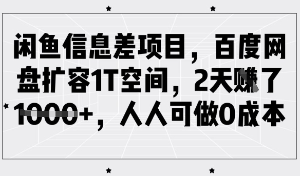 闲鱼信息差项目，百度网盘扩容1T空间，2天收益1k+，人人可做0成本-花小钱干大事