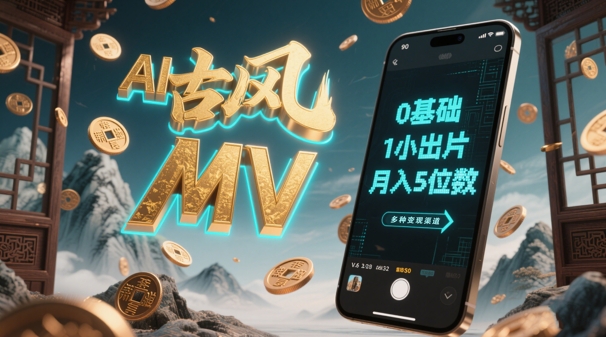 AI一键生成古风音乐MV，0剪辑基础1小时出片，多种变现渠道，一部手机月入5位数-花小钱干大事