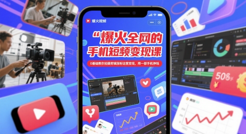 爆火全网的手机短视频变现课，0基础教你拍摄剪辑涨粉运营变现，用一部手机挣钱-花小钱干大事