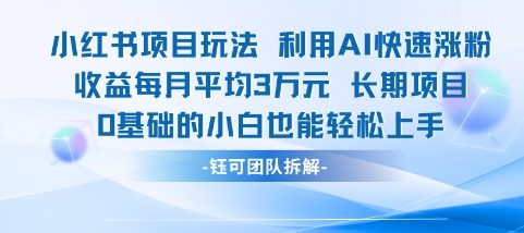 适合小白操作的小红书新项目，利用AI快速涨粉，收益每月平均1W+-花小钱干大事
